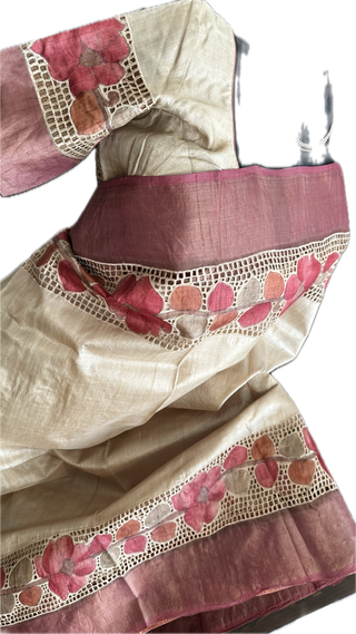 Pure Tussar cut work hand painted embroidered  tussar saree online usa with stitched blouse