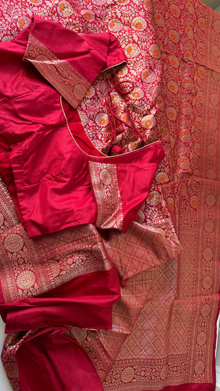 Red Pure katan Benerasi silk saree with stitched  blouse online shopping usa