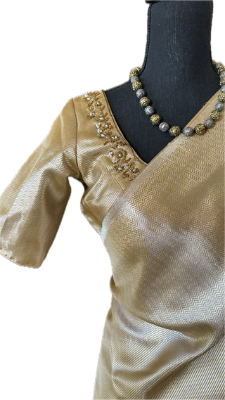 Gold semi fine silk saree bridal with prestitched hand embroidered blouse