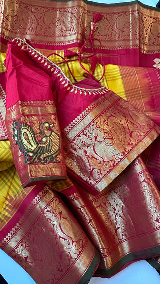 Gadwal handwoven silk saree with embroidered stitched blouse