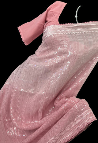 Pink Sequin georgette saree with prestitched blouse online usa