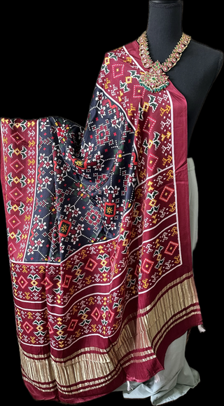 Gajji silk duppatta pure silk duppatta black maroon pure silk duppatta bandhini ikat patola designs duppatta online shopping