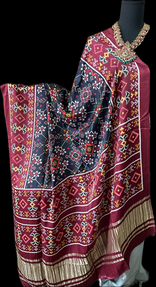 Gajji silk duppatta pure silk duppatta black maroon pure silk duppatta bandhini ikat patola designs duppatta online shopping