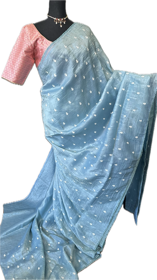 Crushed soft silk saree pastel blue with silk blouse online shopping usa