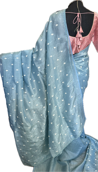 Crushed soft silk saree pastel blue with silk blouse online shopping usa