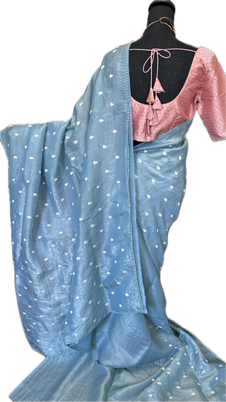 Crushed soft silk saree pastel blue with silk blouse online shopping usa