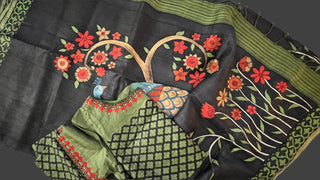 Black Pure Tussar cut work hand painted embroidered  tussar saree online usa with stitched blouse