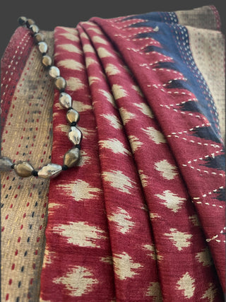 Maroon Tussar pure silk saree ikat designs pure silk with embroidery borders and prestitched blouse