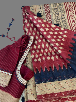 Maroon Tussar pure silk saree ikat designs pure silk with embroidery borders and prestitched blouse