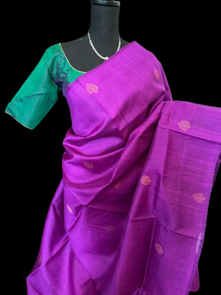 Purple pure Raw silk saree online silk saree with copper motifs contrast blouse online