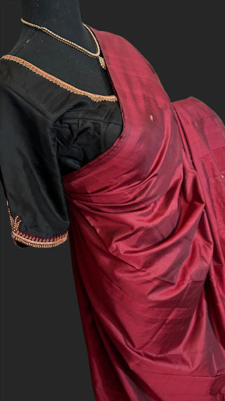 Maroon and black Pure kanjivaram silk saree with hand embroidered gemstone blouses