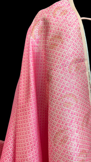 Brocade kanjivaram candy pink silver and gold zari with stitched blouse.