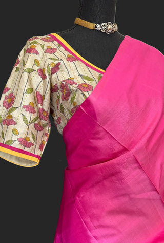 pink silk saree with kalamkari blouse usaPink plain kanchi pattu saree kanjivaram silk saree kanchipuram silk plain pure silk saree usa pink plain kanchi pattu saree online usa with kalamkari blouse stitched blouse online usa 