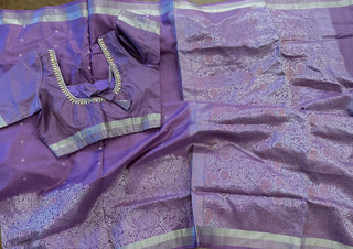 Lavender soft silk saree silver zari  with embroidered blouse