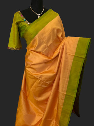 peach green pure kanjivaram silk saree with hand embroidered gemstone blouses online usa