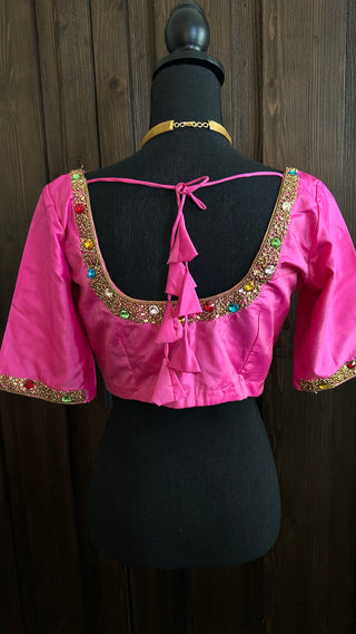 Pink pure kanchi Hand Embroidered pure silk blouse online usa