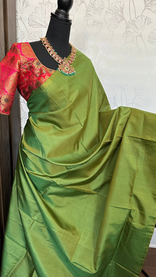 Plain green Pure kanjivaram silk saree with kalamkari blouse online