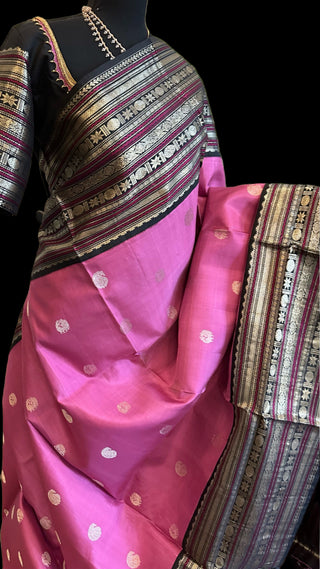 Pink black kanchi pattu saree  embroidered blouse online usa