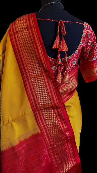 Mustard yellow Twill kanchi pattu saree with ikat prints pure kanchi stitched blouse