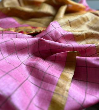 Handwoven pink pure tussar silk saree  online and prestitched blouse online usa
