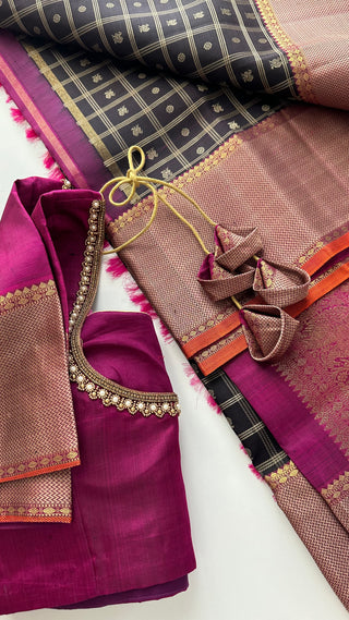 Dark brown pure kanchi pattu with blouse shopping online usa