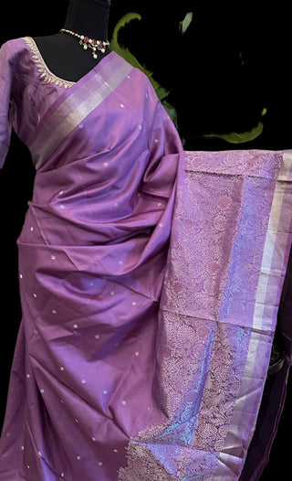 Lavender soft silk saree silver zari and hand embroidered blouse