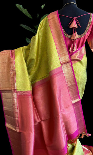 parrow green kanjivaram saree with hand embroidered blouse online