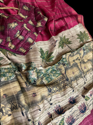 Handwoven pichwai print tussar silk saree  online and prestitched blouse  Pure handwoven pichwai print tussar silk saree online