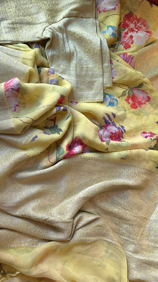 Yellow Floral Beneras Georgette Silk with stitched blouse online usa