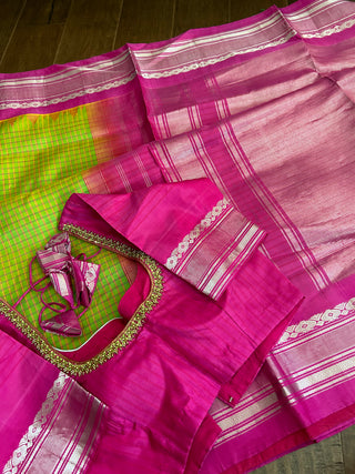 Bright green with pink gadwal saree online usa pure gadwal silk saree usa 