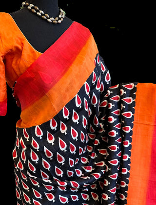 online usa indian saree Black  printed Tussar silk saree with stitched blouse