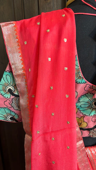 Pink Pure Mangalagiri Silk Cotton Lehenga hand painted kalamkari blouse with Dupatta online usa