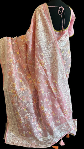 Pink pure embroidered Kota saree with stitched blouse
