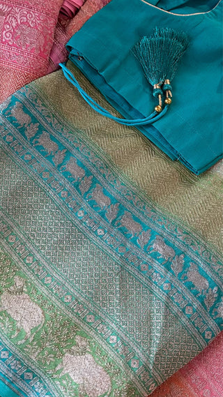 Pure pastel blue green georgette beneras silk pastel saree with prestitched blouse