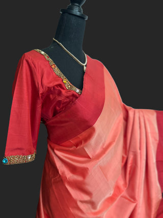 plain peach pure kanjivaram silk saree with hand embroidered gemstone blouses