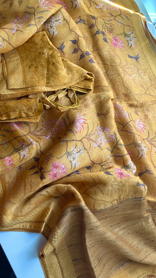 Floral Print Linen Saree with Printed Blouse online