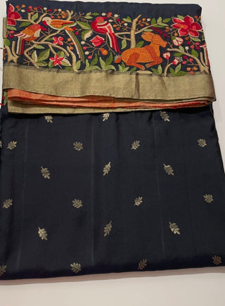 Hand embroidered black pure soft silk saree online