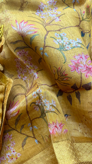 Mustard Floral Print Linen saree online usa