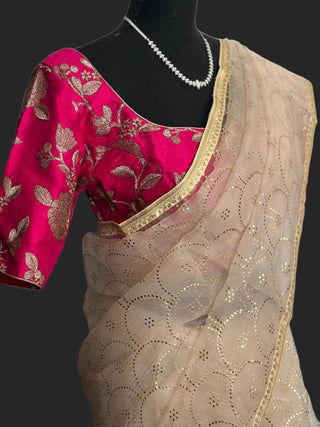 Organza saree with contrast blouse pink blouse gold zari white organza saree beige organza saree online usa 