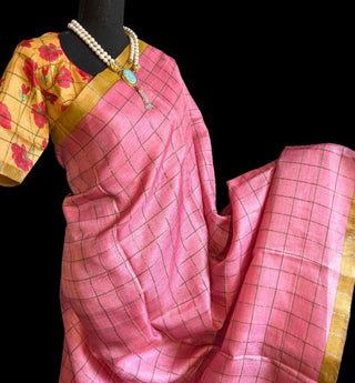 Handwoven pink pure tussar silk saree  online and prestitched blouse
