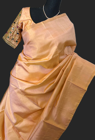 Plain kanchi pattu saree cream beige plain kanchi pattu saree embroidered blouse gemstone stitched traditional kanchi handwoven kai korvai saree online shopping plain kanchi pattu saree usa 