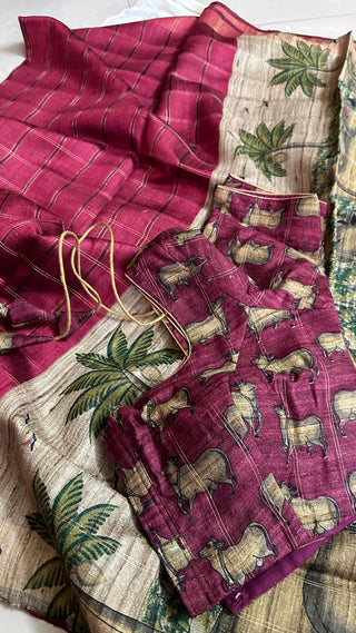 Handwoven pichwai print tussar silk saree  online and prestitched blouse  Pure handwoven pichwai print tussar silk saree online