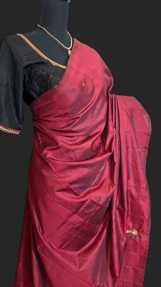 Maroon and black Pure kanjivaram silk saree with hand embroidered gemstone blouses