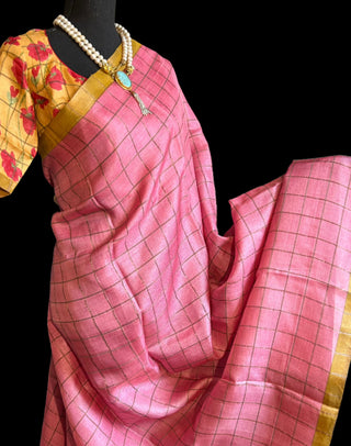 Handwoven pink pure handwoven zari borders Tussar silk saree online usa