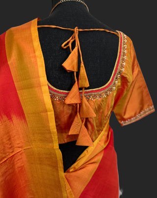 plain red pure kanjivaram silk saree with hand embroidered gemstone blouses online usa