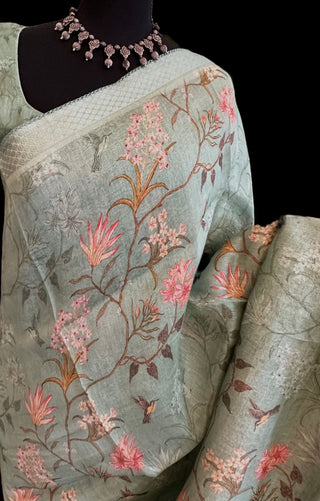 Floral Print Linen saree with ready to wear printed blouse online usa