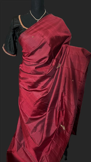 Maroon and black Pure kanjivaram silk saree with hand embroidered gemstone blouses