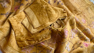 Mustard Floral Print Linen saree  with printed blouse online shopping