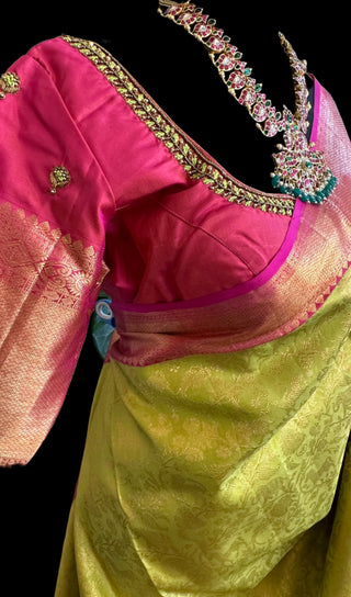 pure fine weave parrot green kanchi with pink kanjivaram saree brocade  vanasingaram with hand embroidered blouse