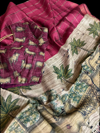 Handwoven pichwai print tussar silk saree  online and prestitched blouse  Pure handwoven pichwai print tussar silk saree online